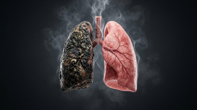 Visual representation of smoking impact showing healthy and diseased lungs.
