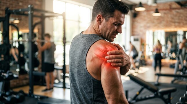 Red highlighted area on a man's shoulder indicating muscular pain and joint injury during training.