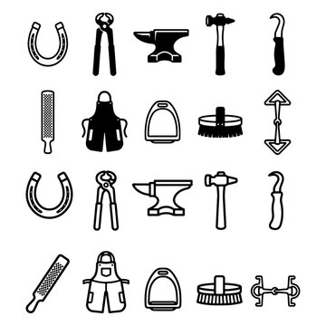 Traditional farrier tools and blacksmith equipment grid. Flat solid black silhouettes of professional horse hoof care hardware isolated on white background.