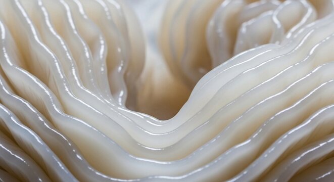 Close-up view of raw, white squid rings showcasing their smooth, layered texture