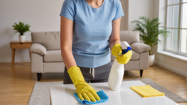 Housekeeping routines, Wiping wooden tables, Living room maintenance, Dusting furniture, Disinfecting surfaces, Domestic cleaning services, Cleaning spray usage, Household chores