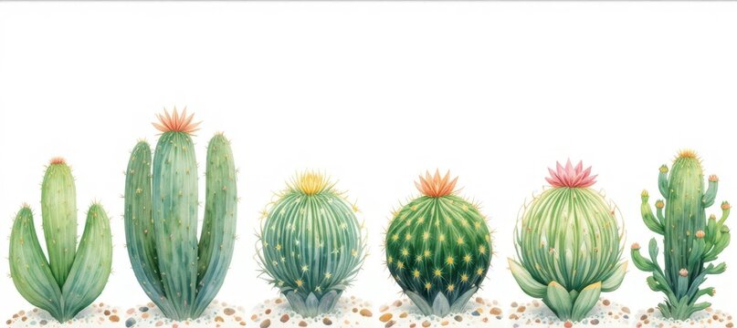 A watercolor illustration of seven different types of cacti with varied shapes and colorful flowers, arranged in a row on a white background.
