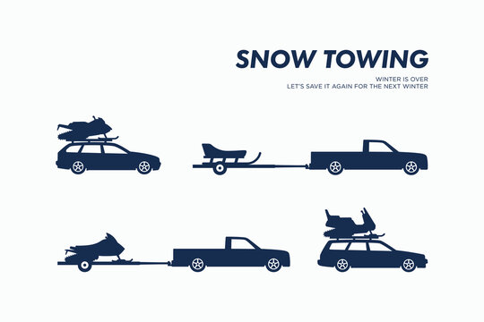 Collections of Winter Snow towing car icons. Pickup Cars tow a trailer with snowmobile in it simple flat silhouette vector illustration