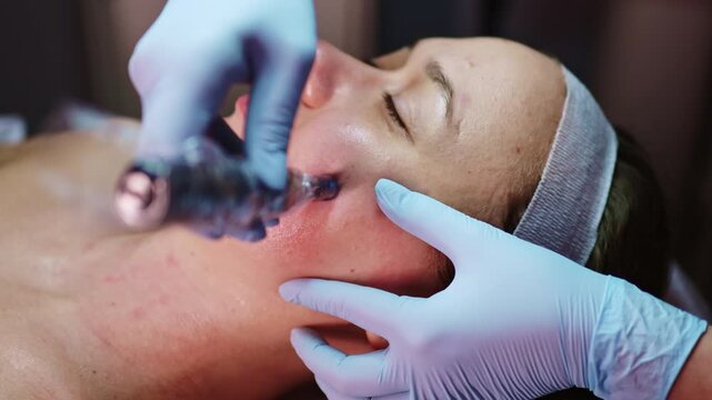 A person lies on a treatment bed as a skincare professional applies a microneedling device to their cheek. The setting is a skincare clinic with focused lighting.
