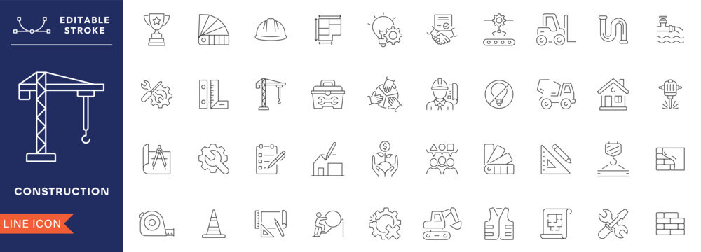 Construction icon set. Containing building, project, skyscraper, crane, build, equipment, prepared