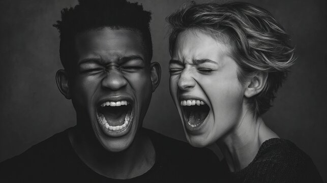 Two people screaming loudly with open mouths and intense expressions in a dark background