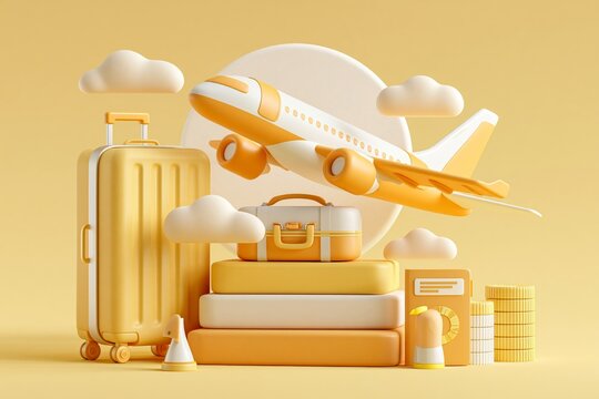 3D airplane and luggage or baggage floated in front of the passport for air transport media and tourism during high season, vector 3d isolated on light background for travel transport advertising 3D