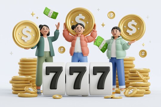 Lottery win or jackpot win, coins and three sevens slot machine game, money lottery, big jackpot 777 3D illustration. Slot machine or lottery winner character vector 3D illustration lucky winners