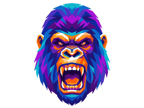 Geometric gorilla head logo with an angry expression, suitable for branding, logos, apparel, and animalthemed designs needing a vibrant twist.