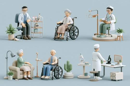 Elderly healthcare illustration set. Senior meeting with doctor, having consultation and care. Geriatric medicine concept. 3D style vector illustration.
