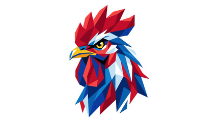 Geometric rooster head illustration in red, blue, and white stylized polygon design. Suitable for logos, posters, and farmthemed designs. © Hadi