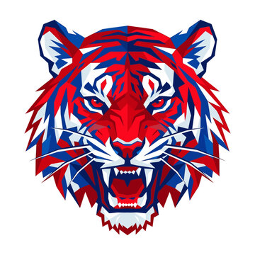 Geometric tiger head mascot logo with red, white, and blue colors. Suitable for sports teams, businesses, and branding projects.