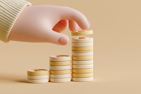 Human hand putting coin to stack of coins 3D illustration background. Investment, saving money and finance growth business concept. 3D cartoon vector illustration for poster or banner design