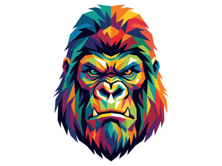 Geometric gorilla head art in vibrant prismatic style. Illustration suitable for logo, print, apparel, or design projects. © Hadi