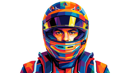 Naklejka premium Geometric artistic representation of formula one driver max verstappens racing helmet and suit. Suitable for sports graphics or posters.