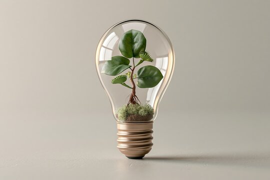 3D lamp icon. Sustainability illustration. ESG, green energy, sustainable industry. Lamp and plant inside with green leaves. Solar energy. Environmental, Social, and Corporate Governance. 3D Vector