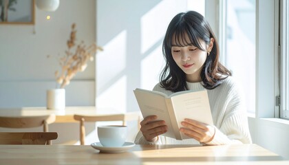 Obraz premium カフェの窓辺で読書を楽しむ日本人女性