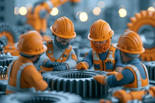 3D Engineer or constructor industrial developer. Happy builder in hardhat with gears. Male Industrial Engineers in Hard Hat Discuss New Project. Heavy Industry Manufacturing Factory. 3D illustration