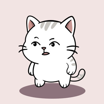 A suspicious cat stands on a pink background looking around curiously now