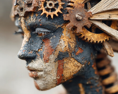 Close-up of a rusty robotic face with gears and wires in an industrial setting