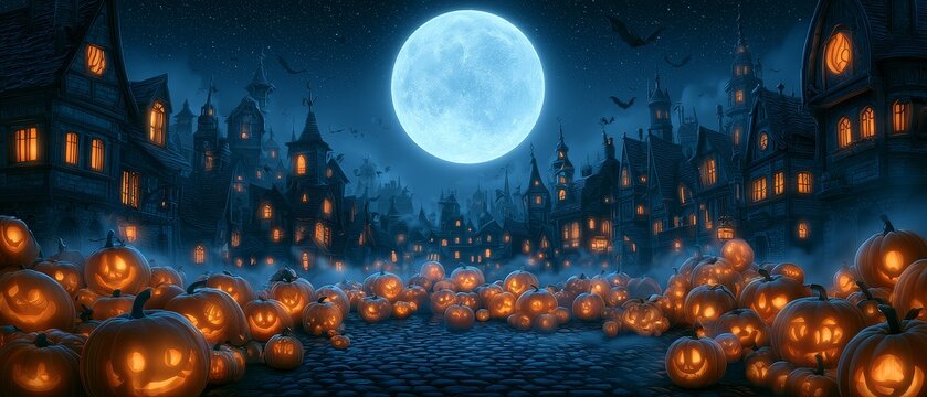 Halloween festival banner featuring glowing pumpkins and jack-o-lanterns in a spooky haunted house background