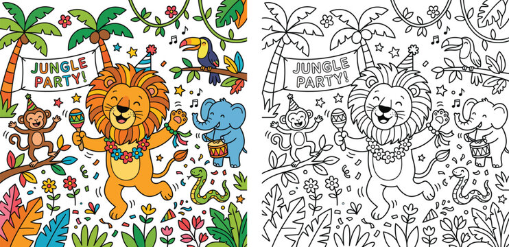 Cute Jungle Animals Party - Lion, Monkey, Elephant Celebrating in the Rainforest