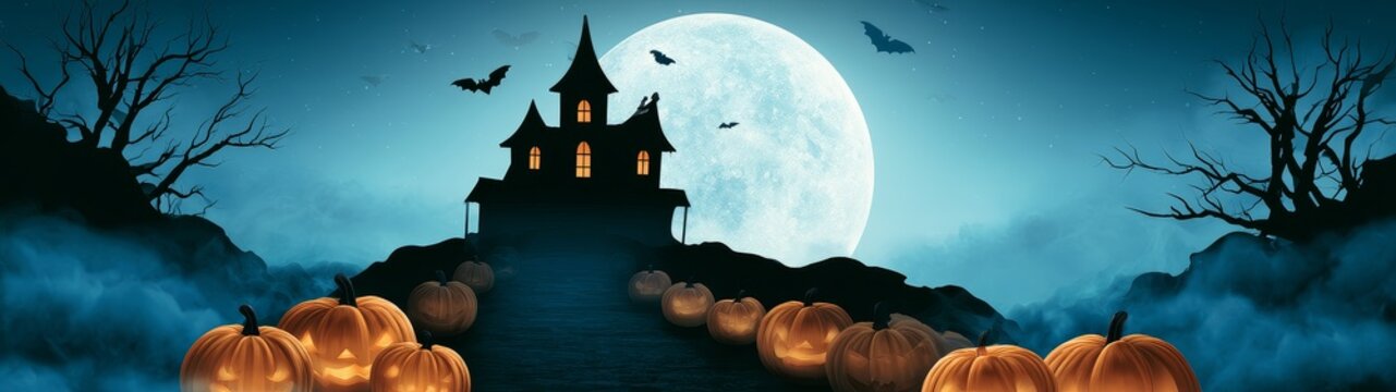 Haunted house halloween festival banner with glowing pumpkins and jack-o-lanterns in a spooky background