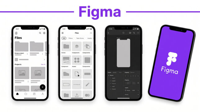 2026 Figma mockup mobile app interface template. Figma design tool UI screen display. Figma splash screen, file explorer, layers and components view in smartphone frame. UI UX design prototype.