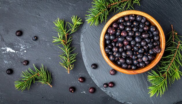 Fresh Dark Juniper Berries Arranged with Evergreen Sprigs on Slate Surface