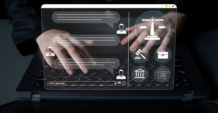 Digital Legal Consultation Interface with Computer and Hands Interacting with Law Icons and Chat Bubbles on Keyboard Haptic.