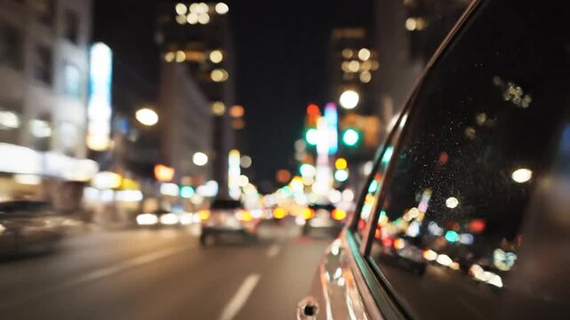 View of city street through car side mirror window