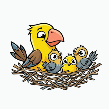 Mother bird with kids in the nest vector illustration