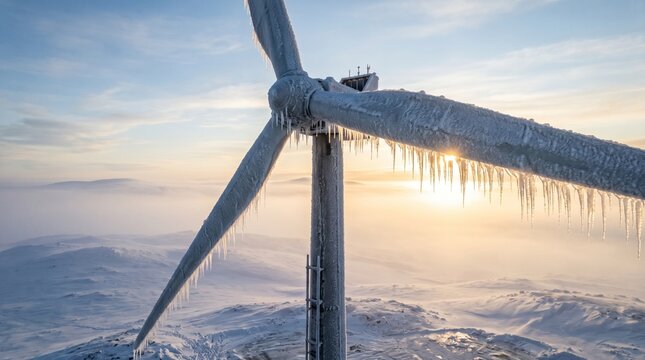 Wind turbine covered in ice during winter. Frozen renewable energy generator in snowy landscape.