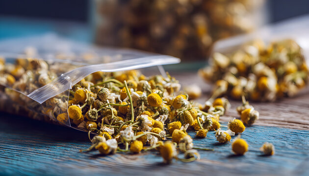Medicinal dried matricaria chamomilla heads in clear packaging falling on a table. Naturopathy herbs. Chamomile blossoms