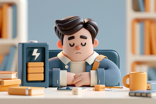 3D Tired student with Low power symbol. Depression, Man tired of hard working, sleepy at work, guy at office sits by the table. 3D cartoon realistic style design illustrations render