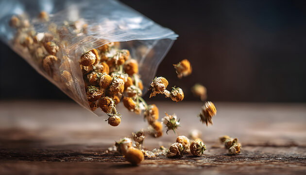 Medicinal dried matricaria chamomilla heads in clear packaging falling on a table. Naturopathy herbs. Chamomile blossoms