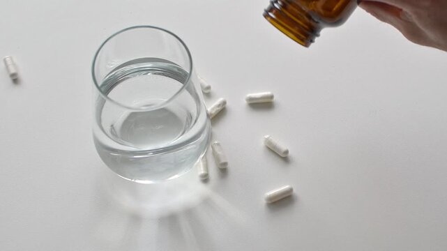 Hand tips amber supplement bottle as white capsules scatter beside clear water glass on kitchen table during home routine.