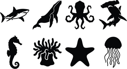 Fototapeta premium Black and White Vector Silhouette Set of Marine Life Icons Featuring Shark Whale Octopus Hammerhead and Jellyfish