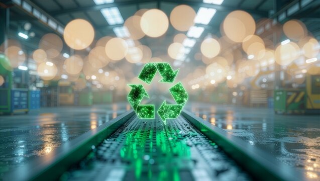 Glowing green neon recycle symbol floating over factory floor conveyor belt inside modern industrial warehouse facility with bright warm bokeh lights, green tech concept.