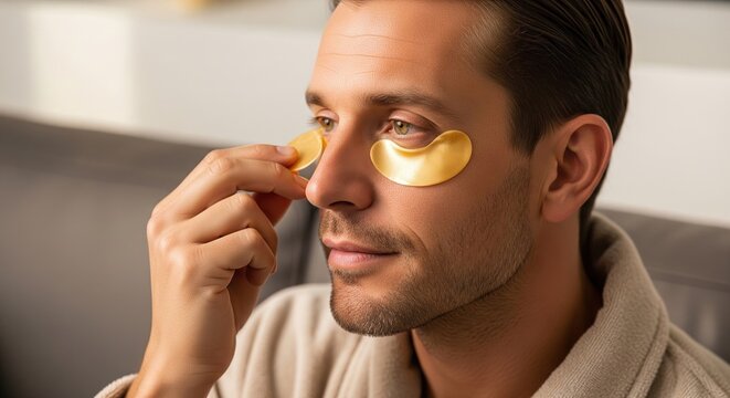 Handsome man applying golden under-eye patches during home skincare routine.
