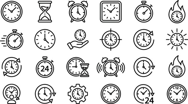 Universal Time Management and Clock Line Art Icon Set with Stopwatches Alarm Clocks Hourglass and Deadline Symbols for Web Application UI UX Designs