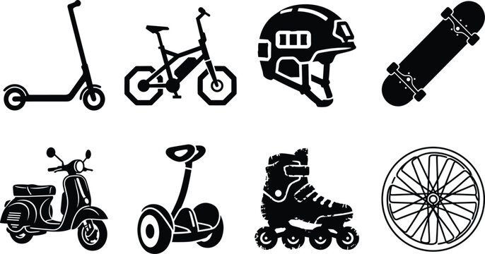 Black and White Vector Silhouette Icon Set of Urban Mobility Vehicles Including Scooter Bicycle Skateboard and Helmet