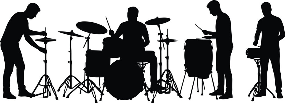 Percussion Musicians Silhouette Set with Drummer Conga Player and Snare Drummers Isolated on White Background