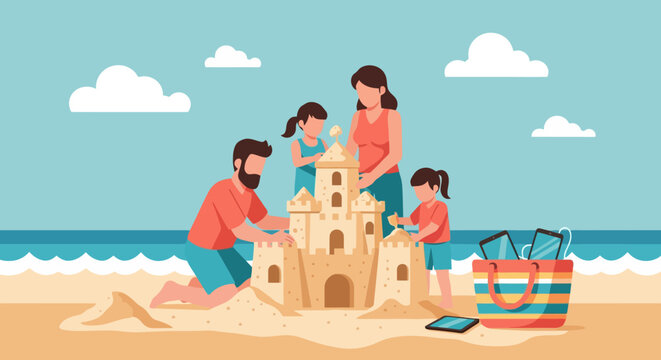 Family building sandcastle on beach during summer vacation.