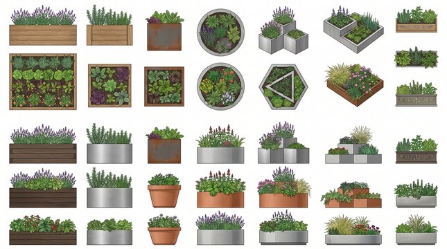 Garden Planter Box Collection Plan Elevation View Landscape Architecture Raised Beds Flower Boxes Vector Set
