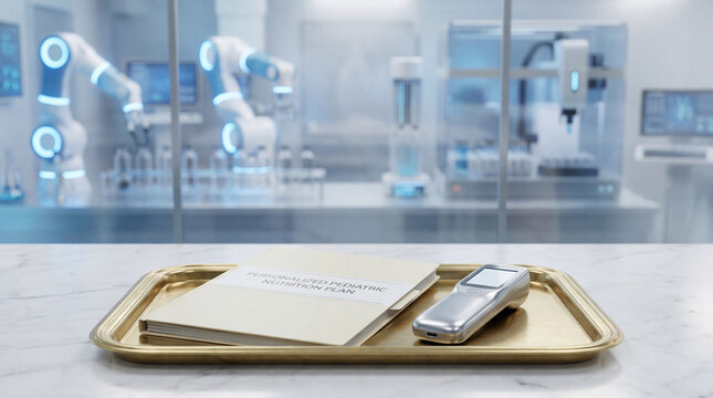 Personalized pediatric nutrition document and smart measuring tool on a brass tray in a high-end pediatric nutrition lab, representing advanced dietary science and child healthcare