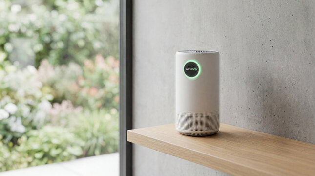 Minimalist smart air quality purifier in a bright pediatric wellness ward, representing clean indoor environments and modern healthcare