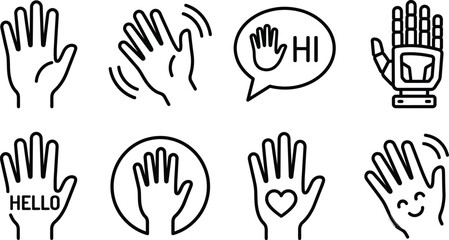 Obraz premium Greeting hand gestures line icon set showing hello hi welcome and waving palms for social messaging