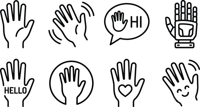 Greeting hand gestures line icon set showing hello hi welcome and waving palms for social messaging