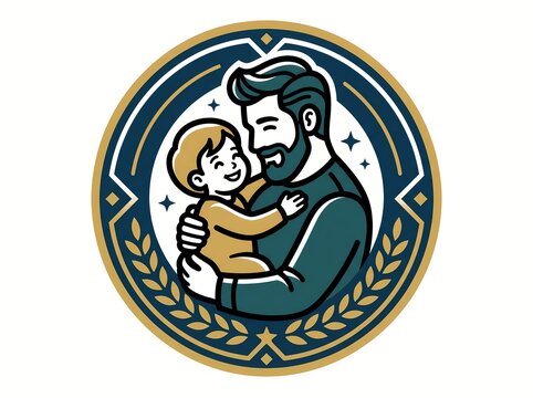 Modern badge-style logo illustration featuring a father holding a baby inside a circular emblem with decorative elements. The design uses a combination of blue and gold tones, symbolizing love, protec